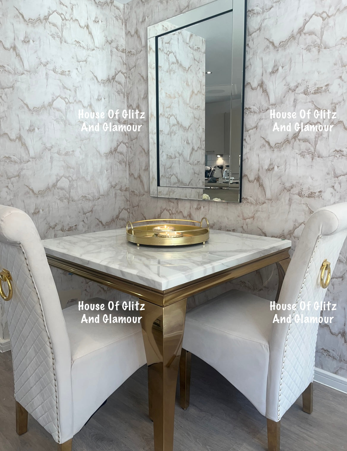 Louis White Square 1m x 1m Marble & Gold Dining Table