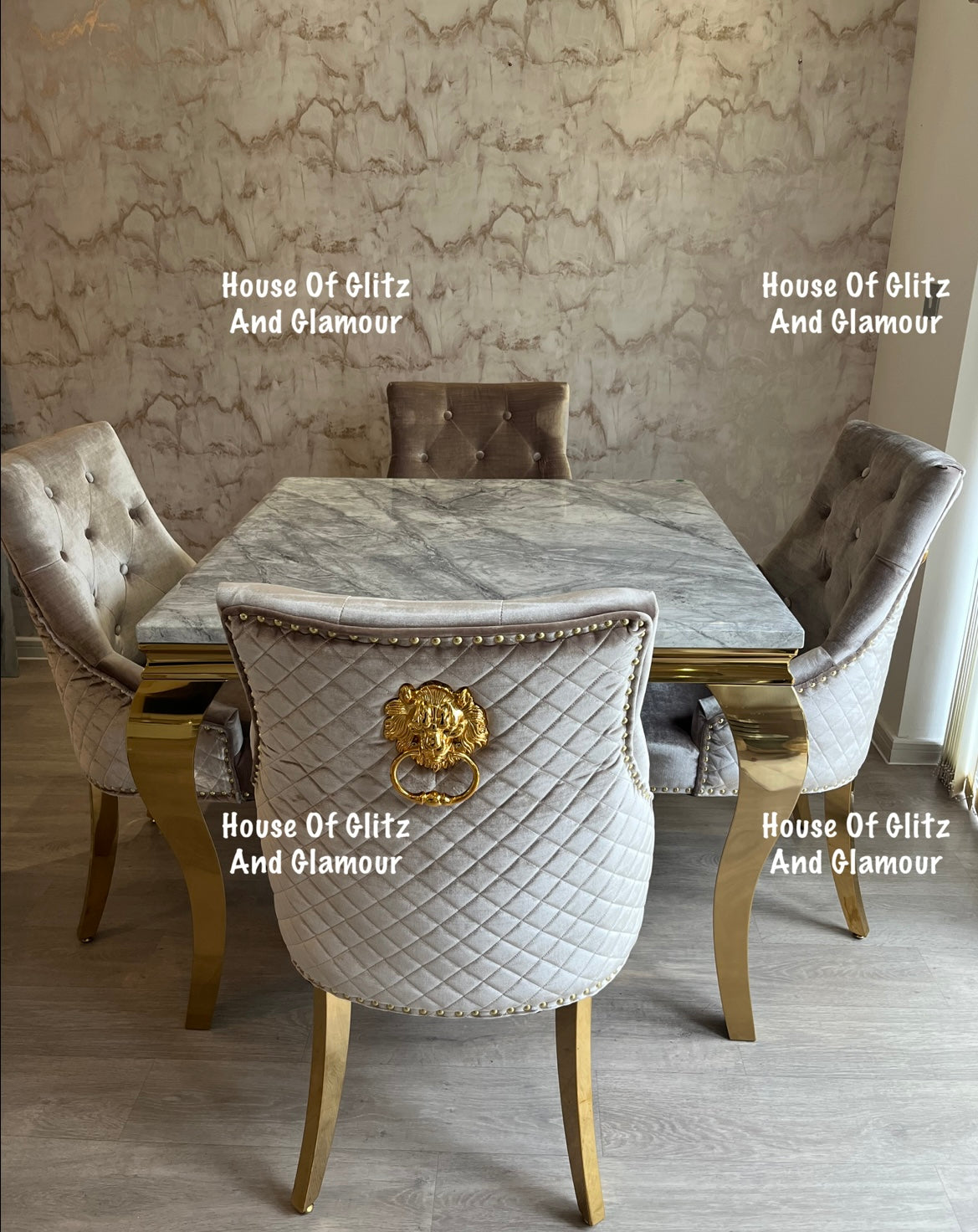 Louis 1m x 1m Grey Marble Dining Table + 4 Chelsea Champagne Velvet Lion Knocker Back Gold Leg Dining Chairs