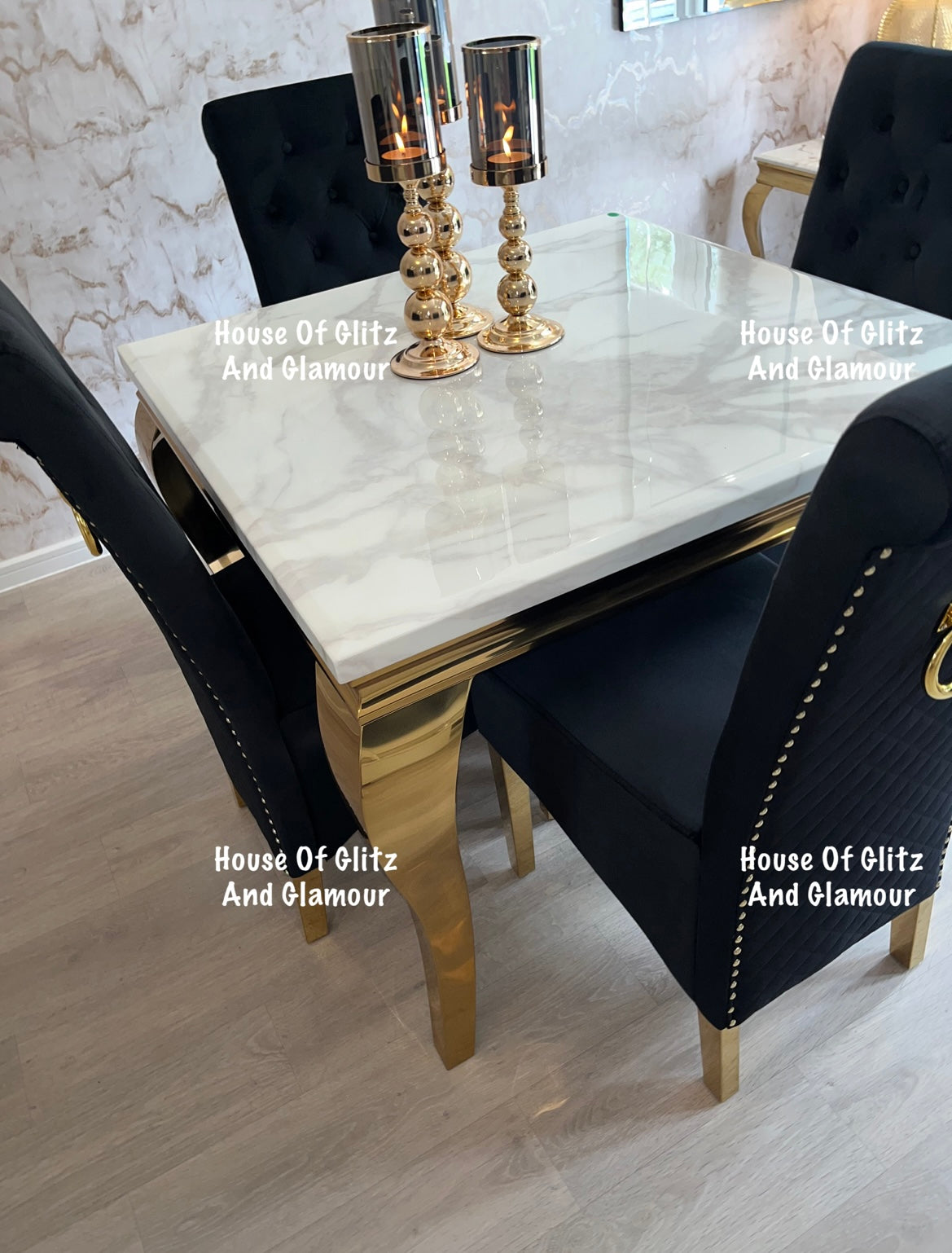 Louis White Square 1m x 1m Marble & Gold Dining Table