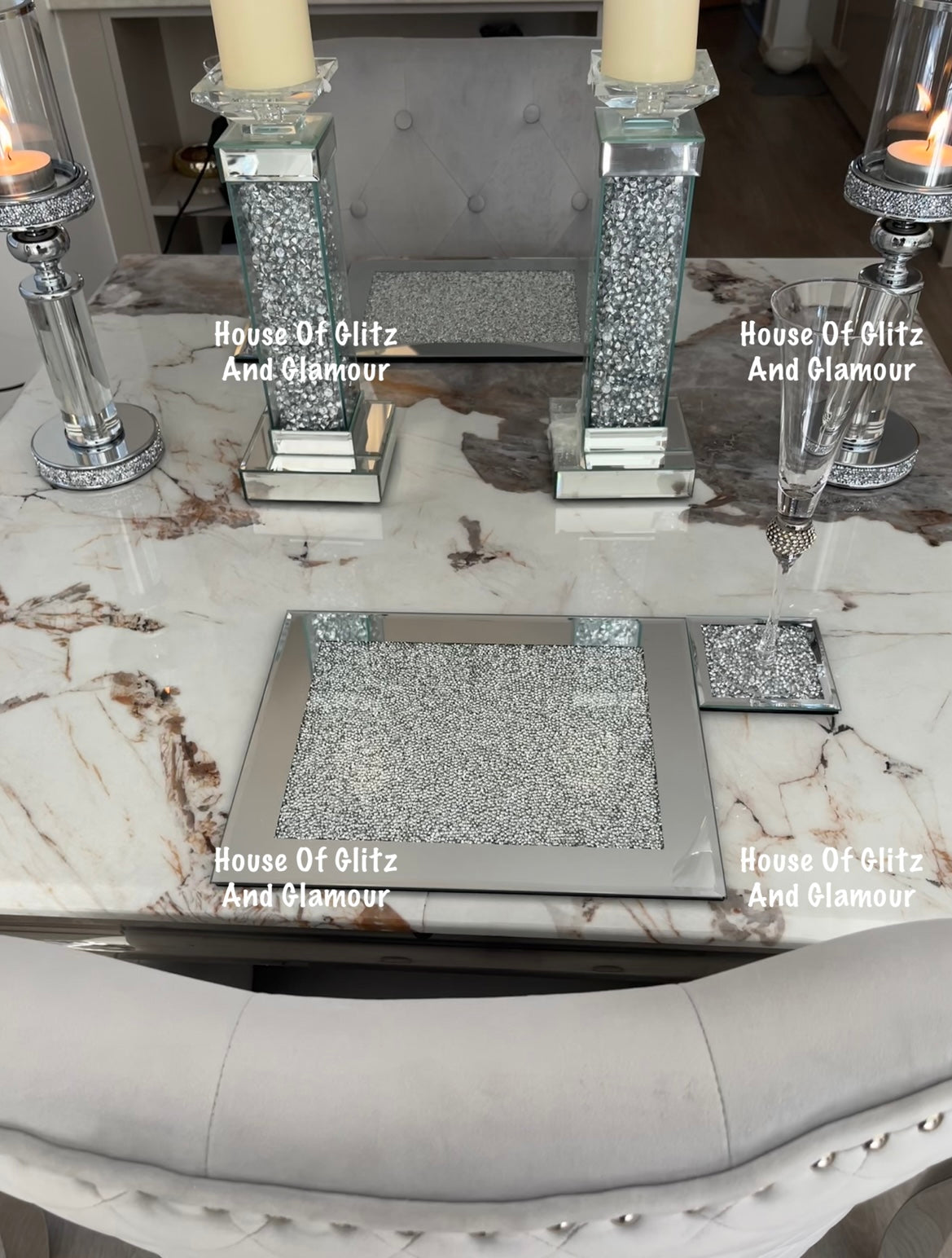 Crushed Diamond Crystal Mirror & Glass Candle Holder