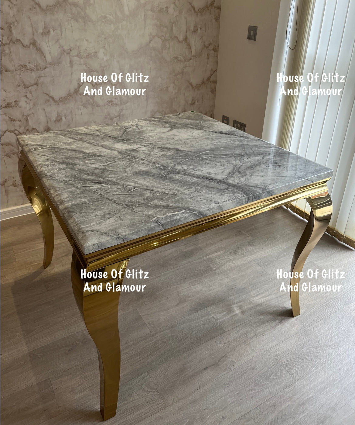 Louis 1m x 1m Grey Marble Dining Table + 4 Chelsea Champagne Velvet Lion Knocker Back Gold Leg Dining Chairs