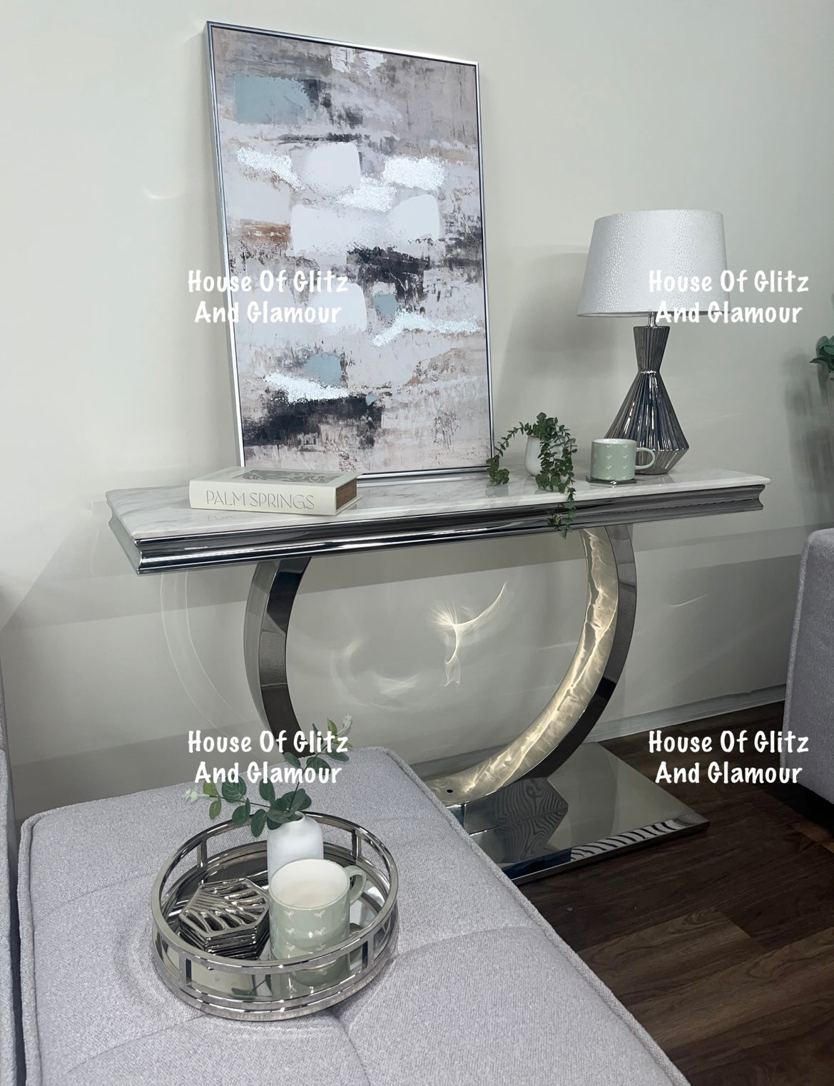 Arianna Ivory Smoke med & Grey Marble & Stainless Steel Circular Base Console Table 140cm x 40cm x 86cm