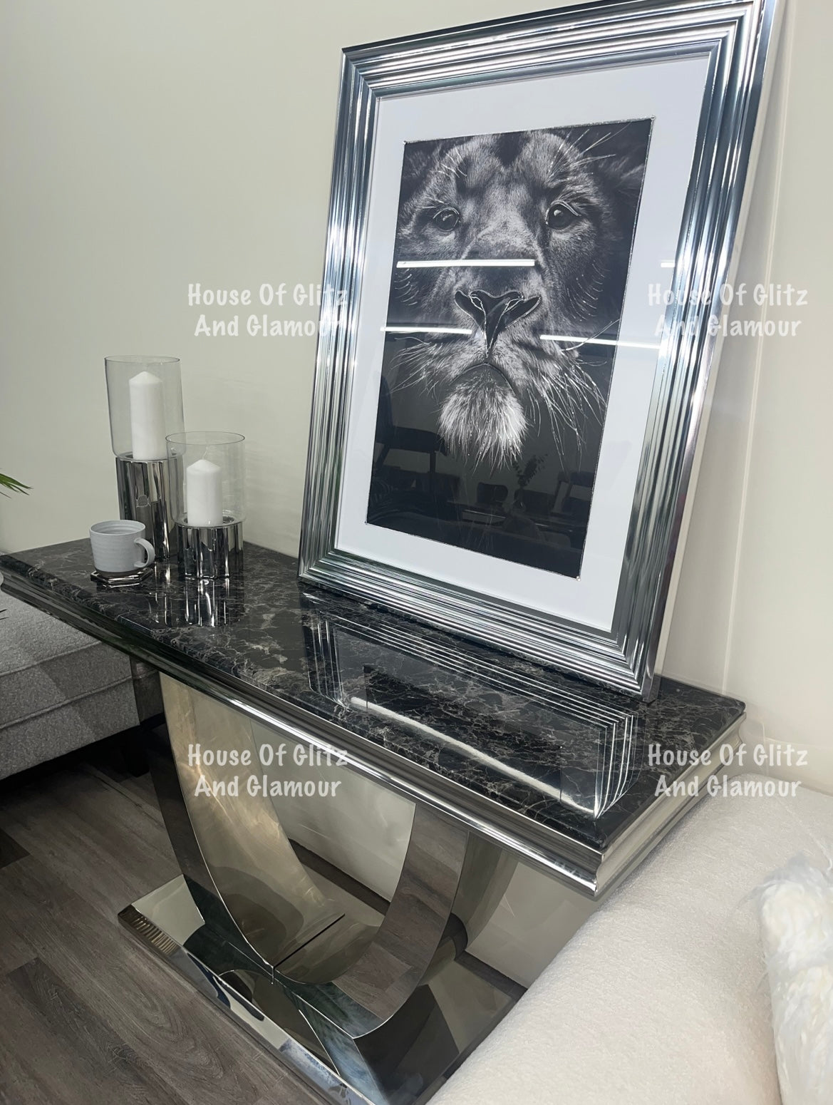 Arial Black Marble & Stainless Steel Curved Base Console Table 140cm x 40cm x 75cm