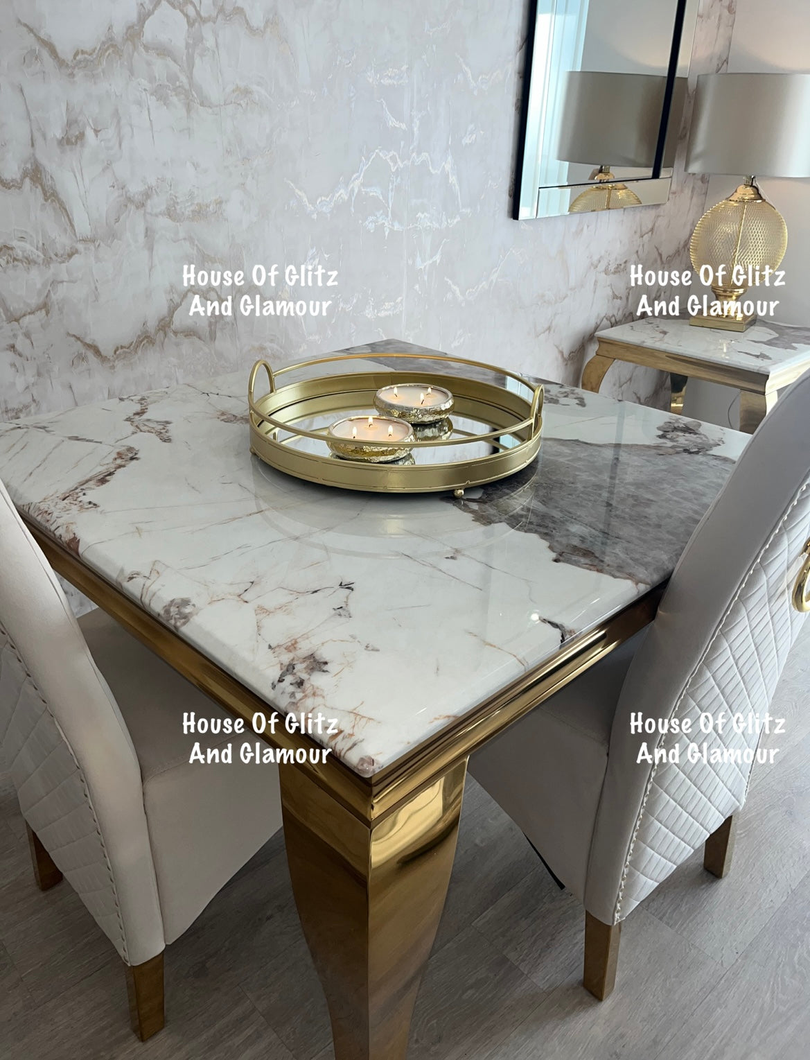 Louis Cream Dining Table With Gold Legs And Pandora Marble Top