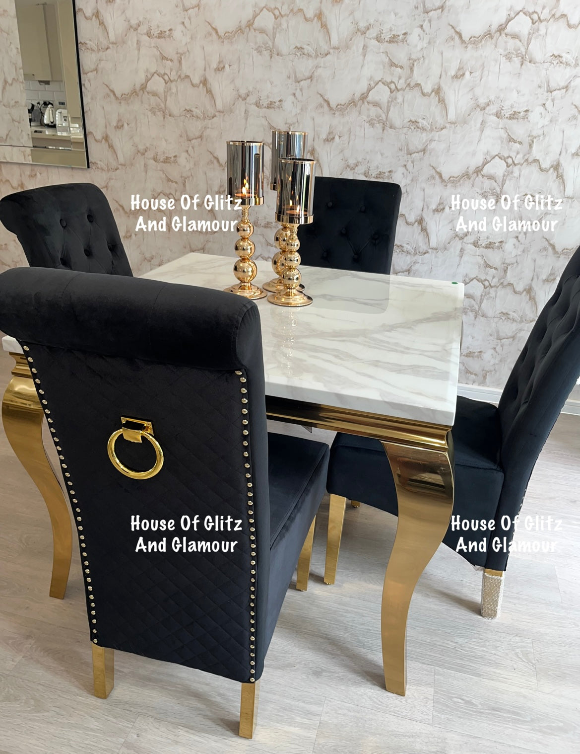 Louis White Square 1m x 1m Marble & Gold Dining Table