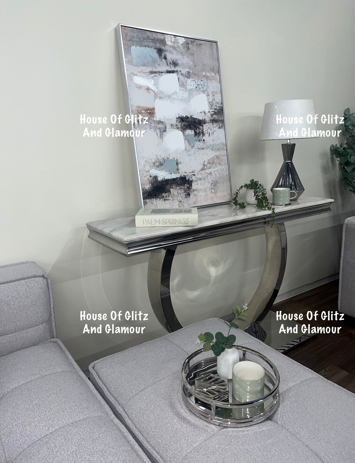 Arianna Ivory Smoke med & Grey Marble & Stainless Steel Circular Base Console Table 140cm x 40cm x 86cm