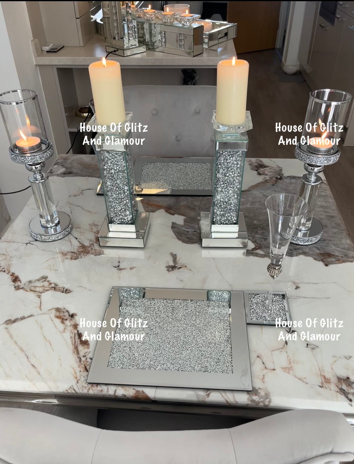 Crushed Diamond Crystal Mirror & Glass Candle Holder