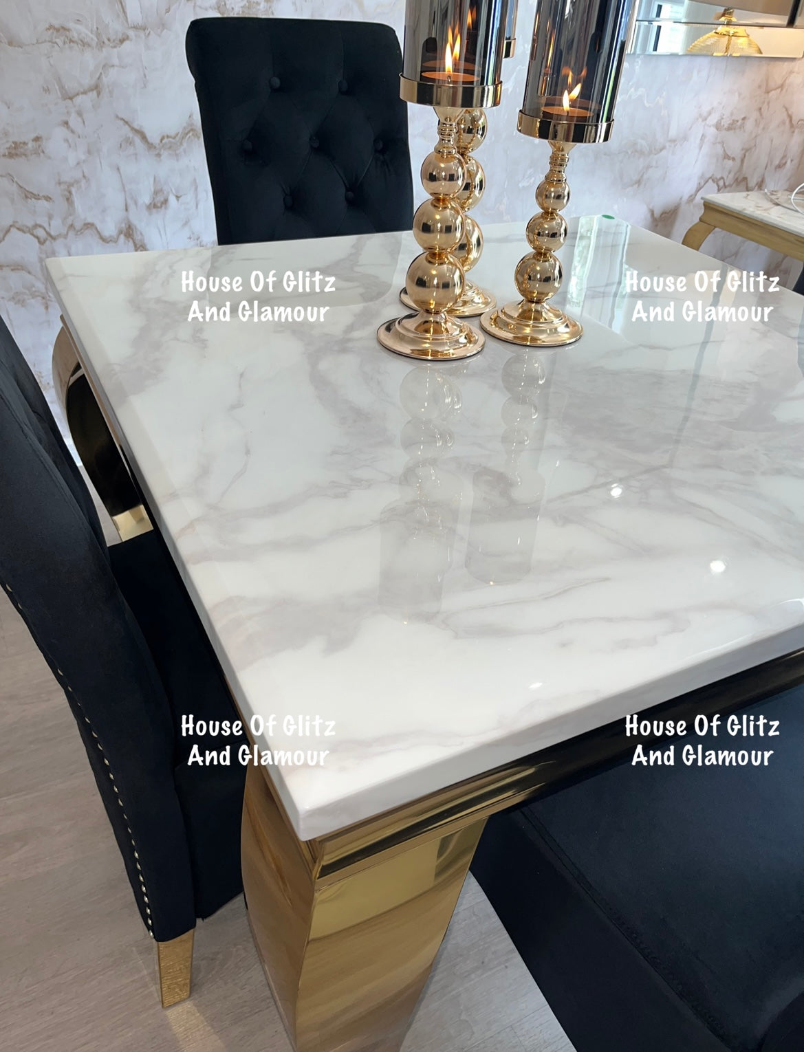 Louis White Square 1m x 1m Marble & Gold Dining Table