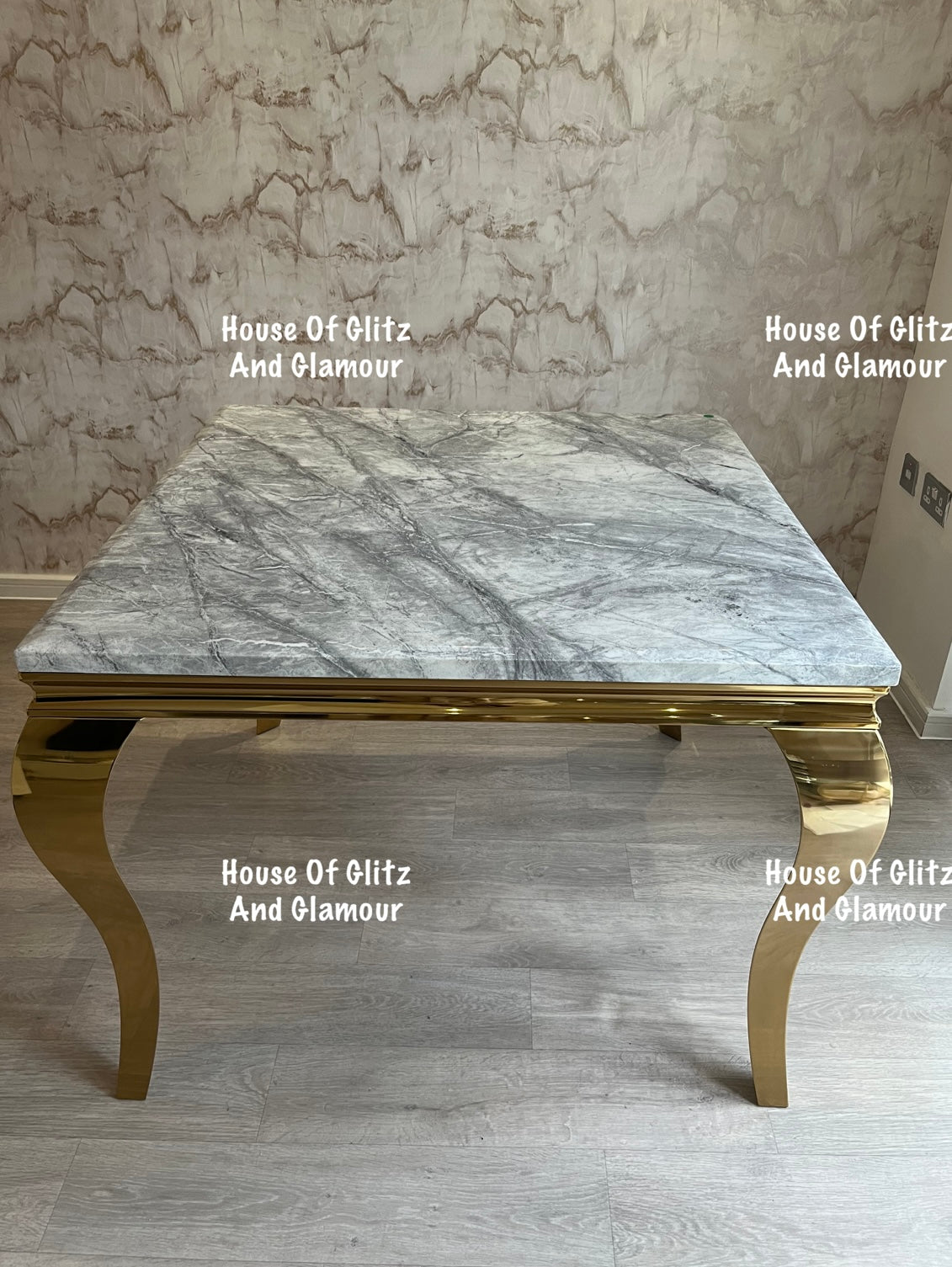 Louis 1m x 1m Grey Marble Dining Table + 4 Chelsea Champagne Velvet Lion Knocker Back Gold Leg Dining Chairs