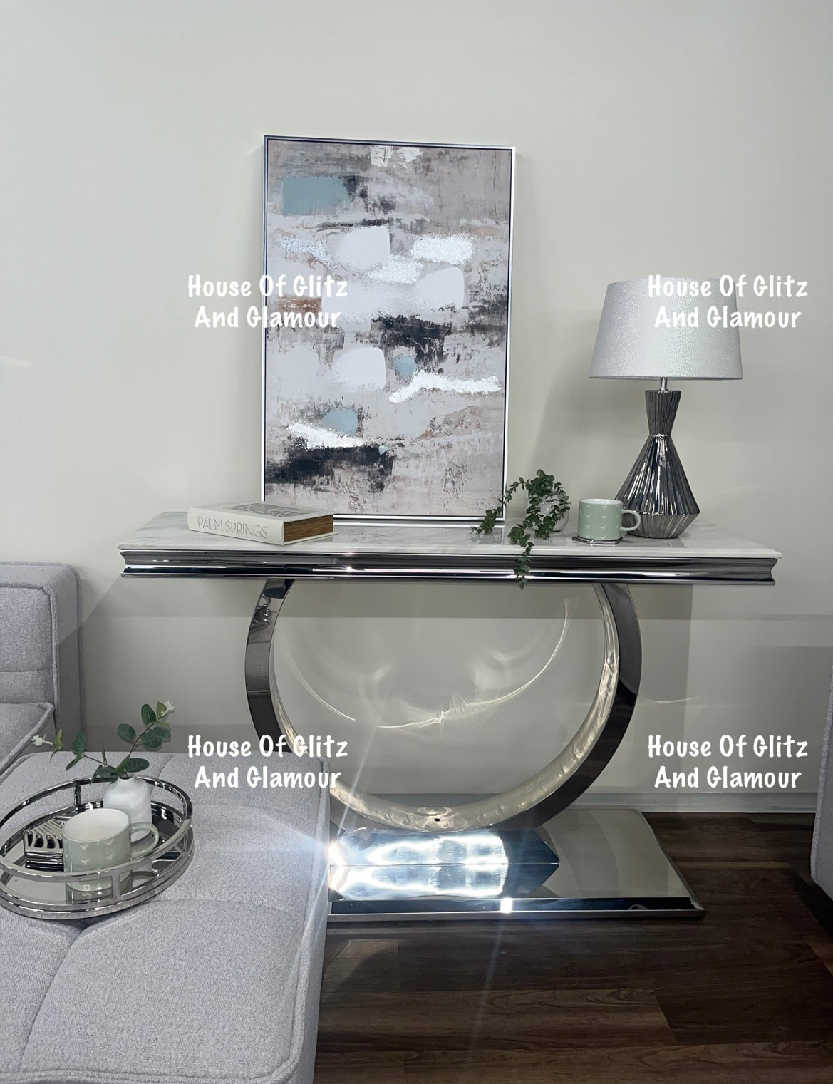 Arianna Ivory Smoke med & Grey Marble & Stainless Steel Circular Base Console Table 140cm x 40cm x 86cm