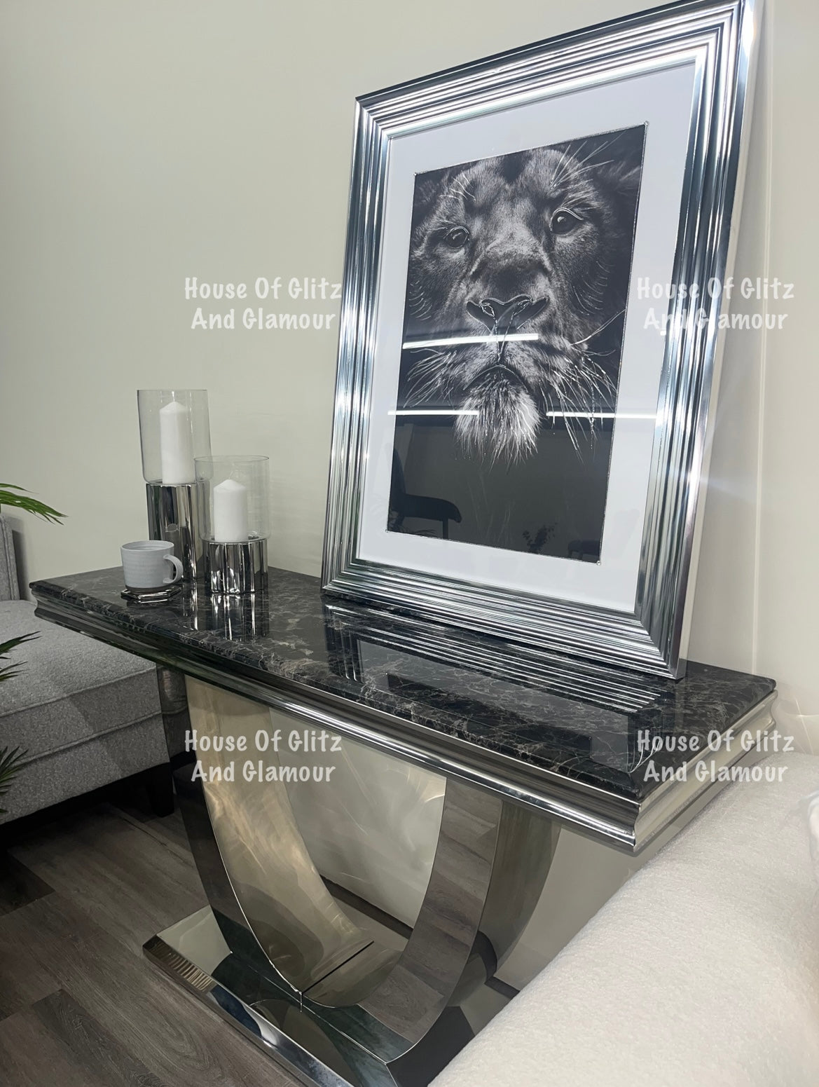 Arial Black Marble & Stainless Steel Curved Base Console Table 140cm x 40cm x 75cm