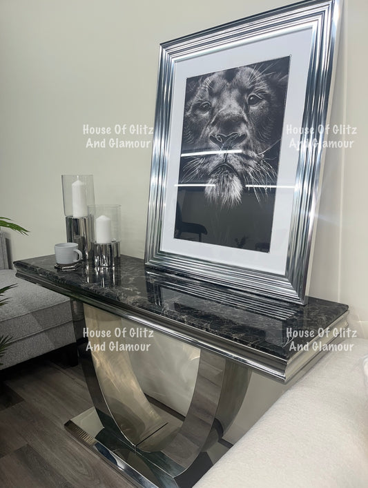 Arial Black Marble & Stainless Steel Curved Base Console Table 140cm x 40cm x 75cm