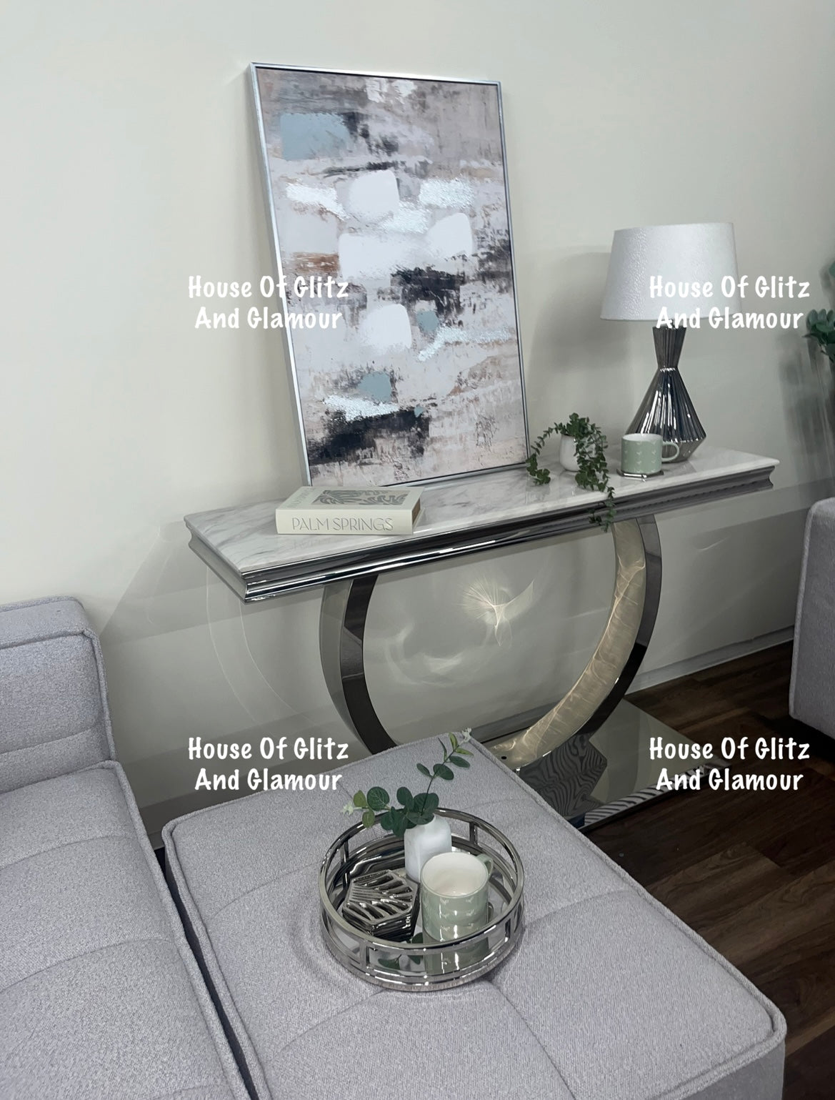 Arianna Ivory Smoke med & Grey Marble & Stainless Steel Circular Base Console Table 140cm x 40cm x 86cm