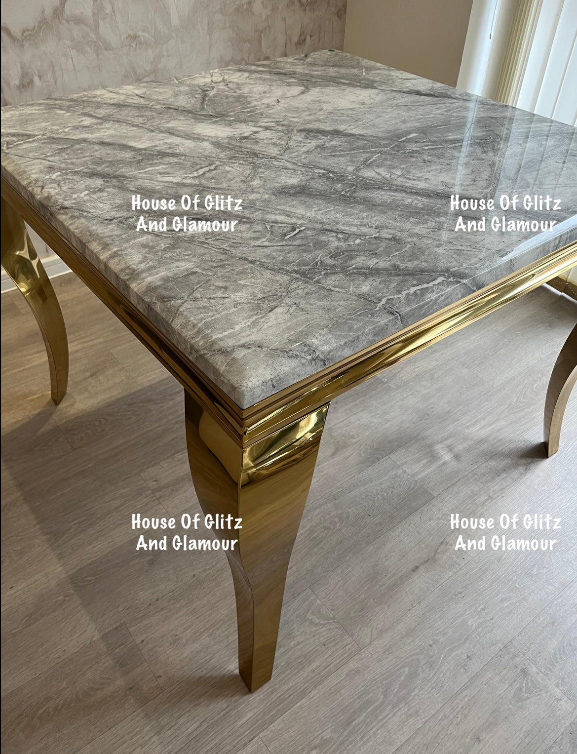 Louis 1m x 1m Grey Marble Dining Table + 4 Chelsea Champagne Velvet Lion Knocker Back Gold Leg Dining Chairs