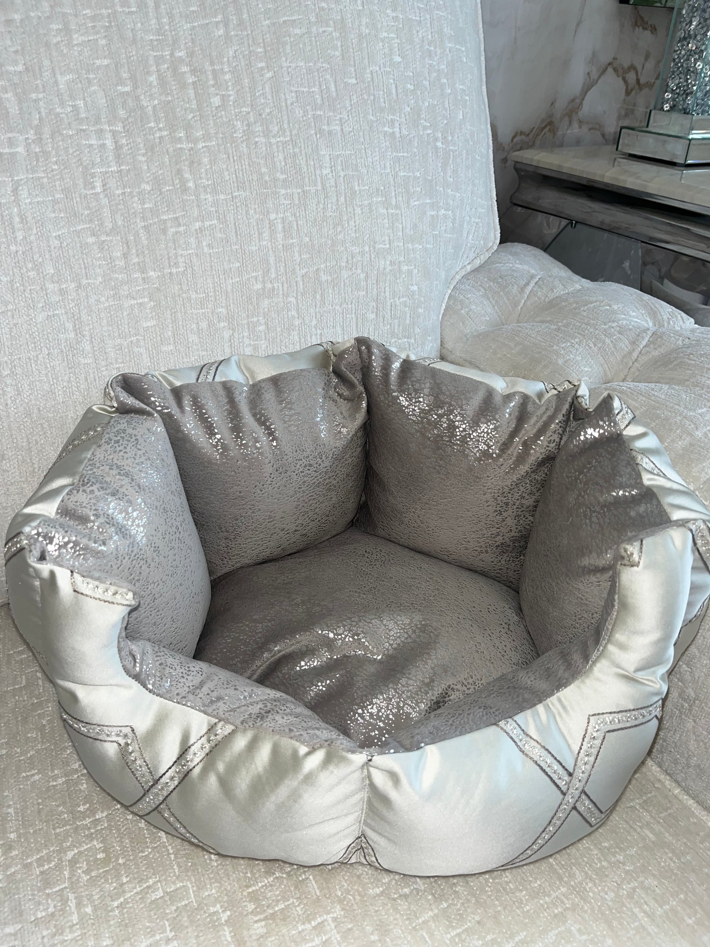 Silver & Grey Embellished Dog Bed