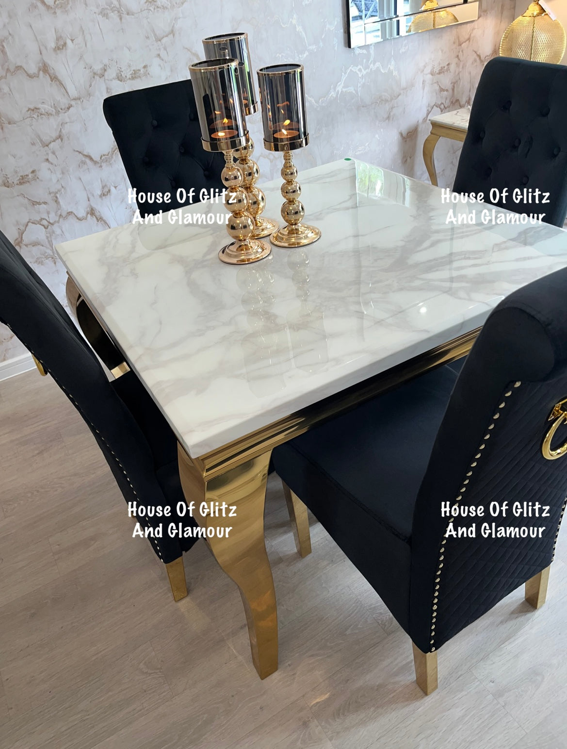 Louis White Square 1m x 1m Marble & Gold Dining Table