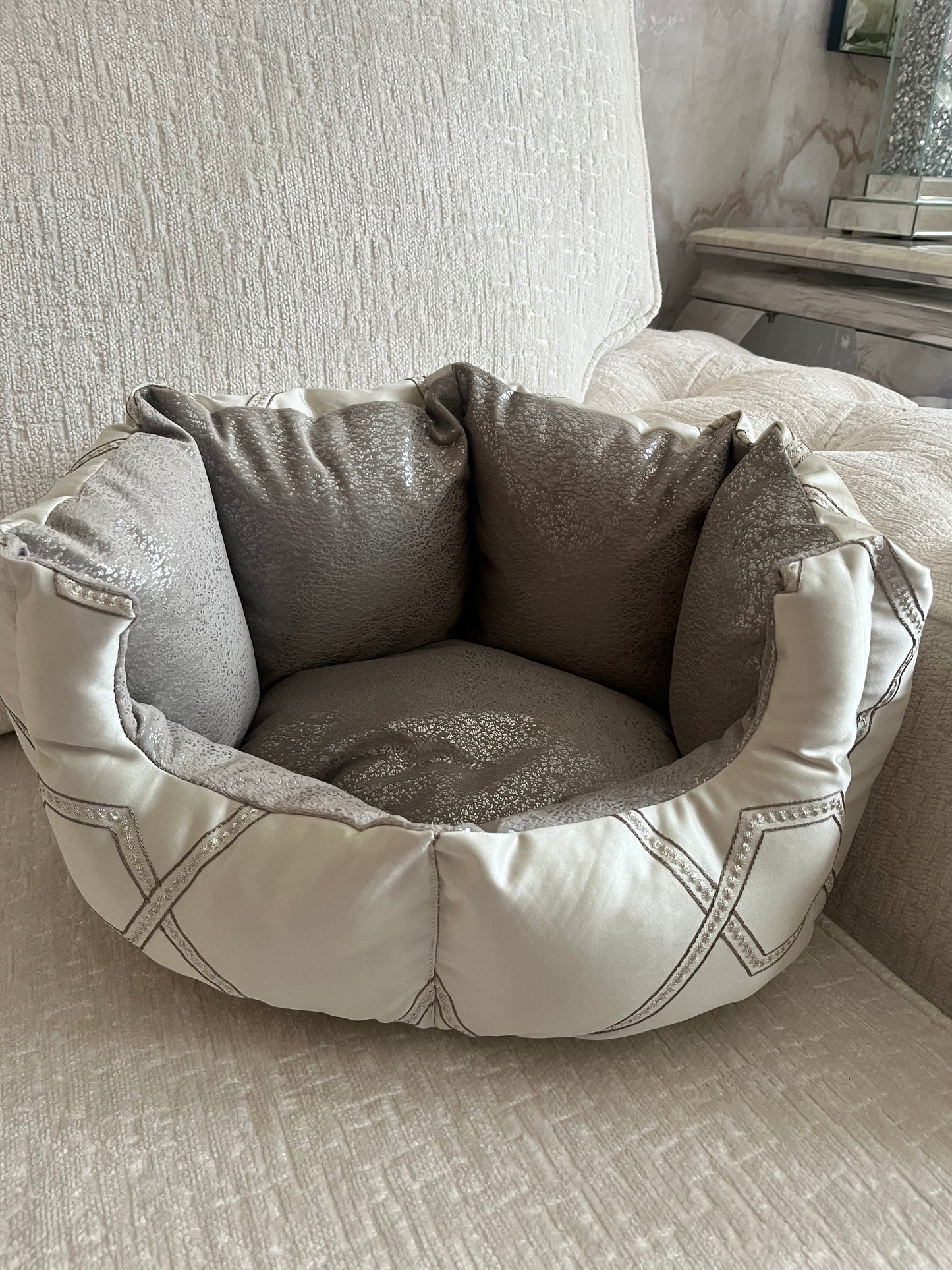 Silver & Grey Embellished Dog Bed