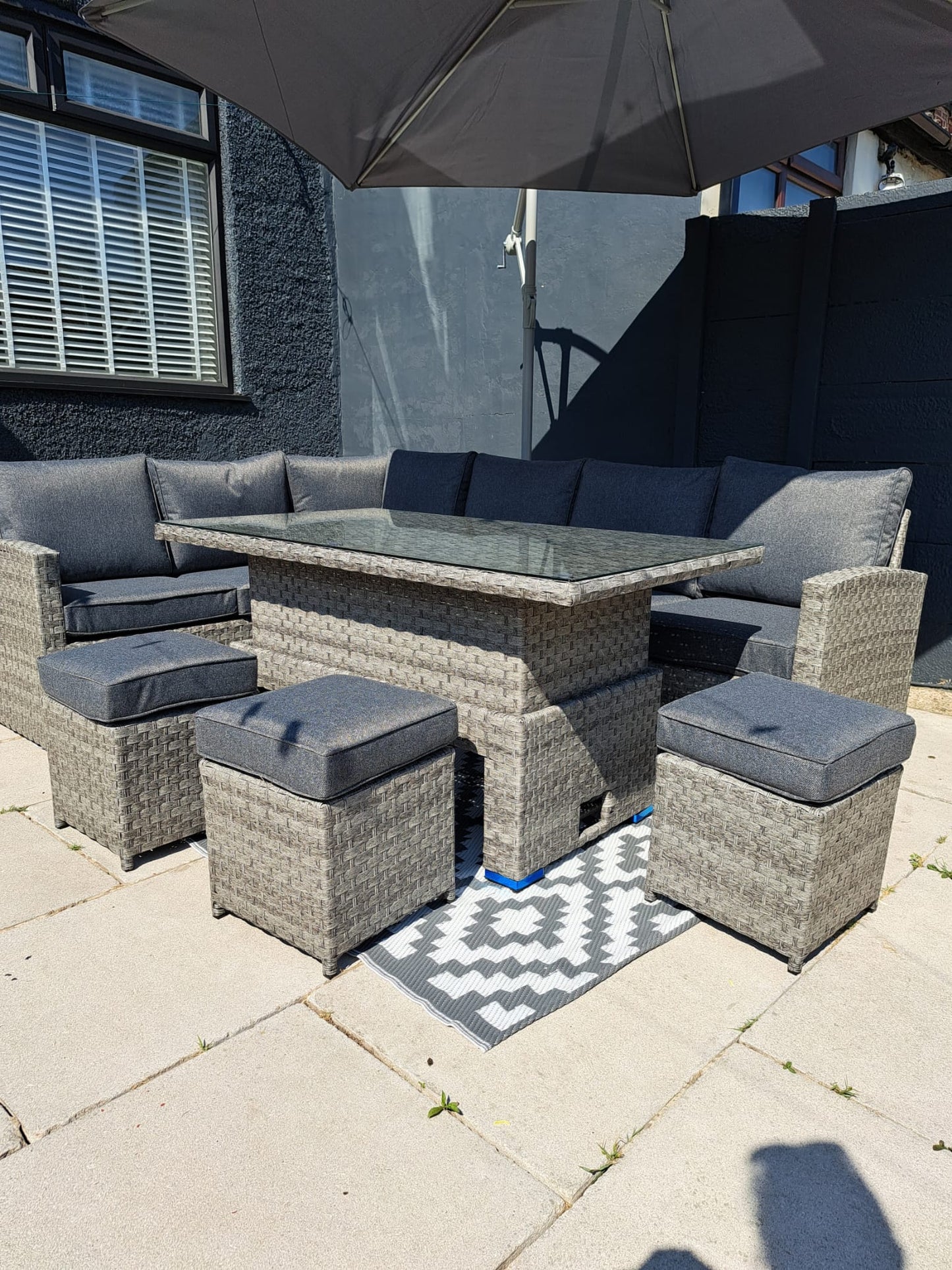 Mayfair Rattan Garden Set With Corner Sofa, Rising Coffee To Dining Table & 3 Stools