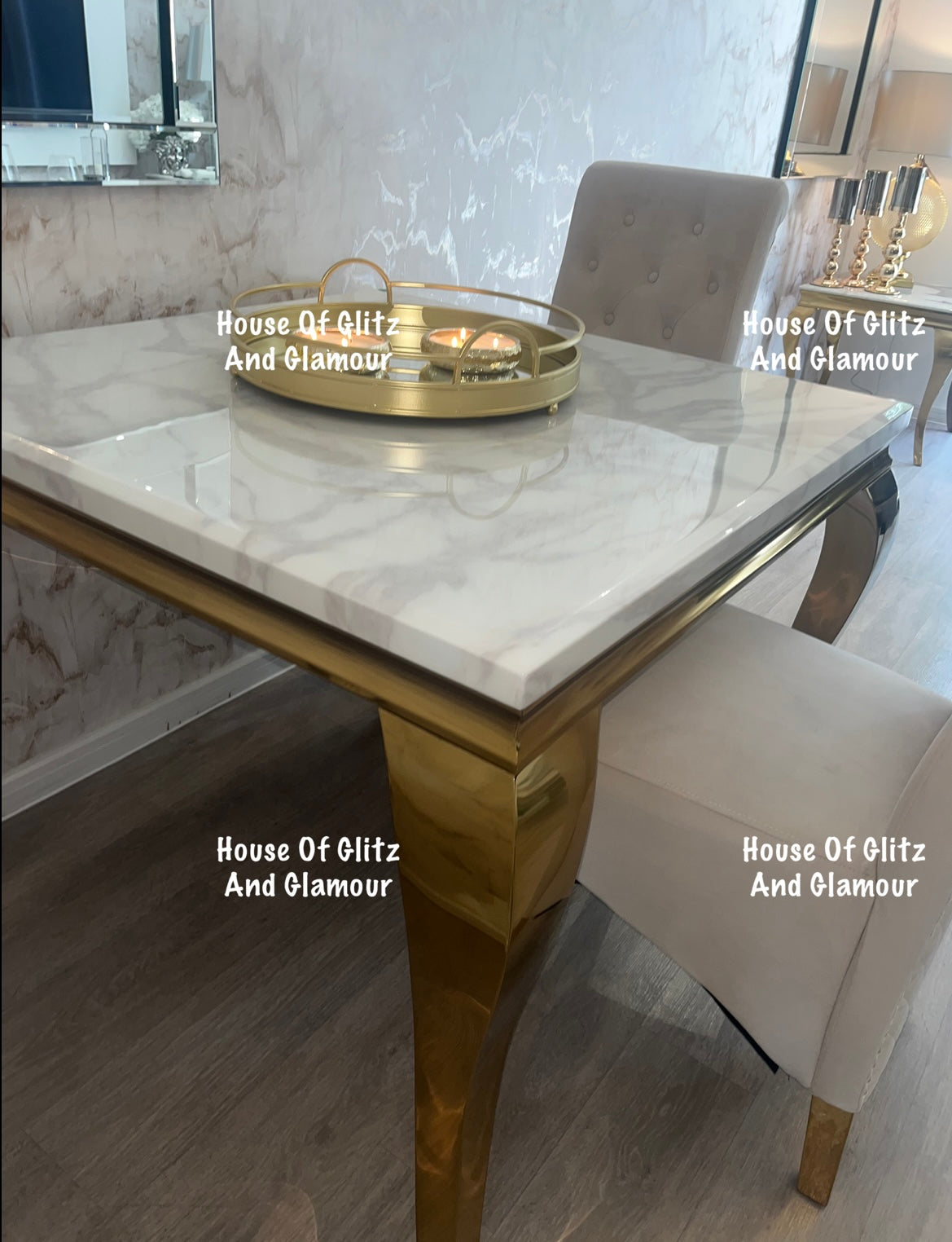 Louis White Square 1m x 1m Marble & Gold Dining Table