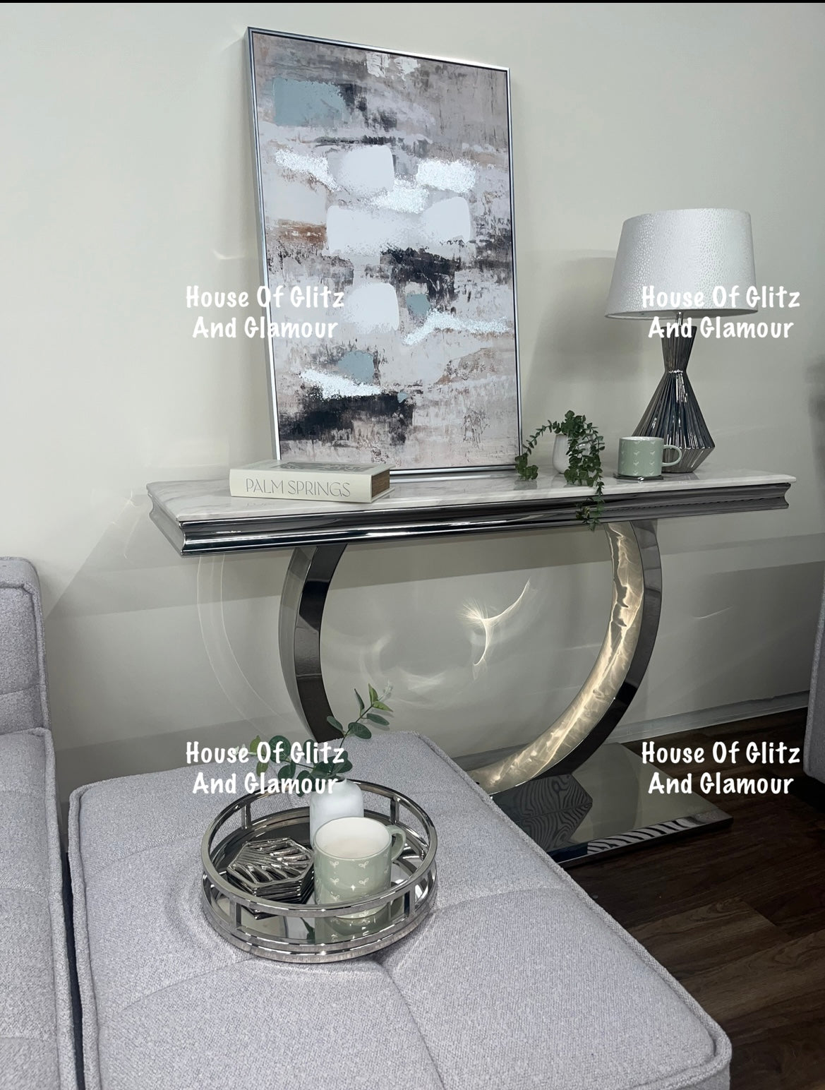 Arianna Ivory Smoke med & Grey Marble & Stainless Steel Circular Base Console Table 140cm x 40cm x 86cm