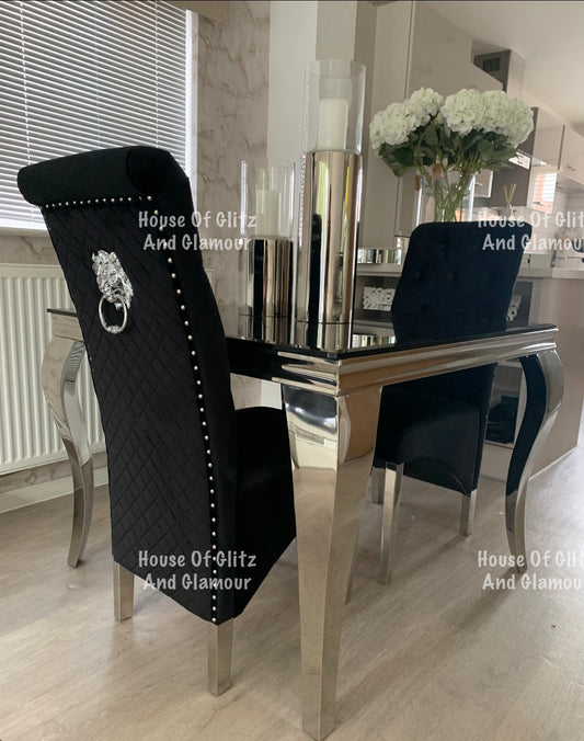 Louis Black Square 1m x 1m Glass & Chrome Dining Table + 4 Lou Lou Black & Chrome Lion Knocker Chairs