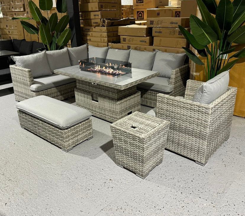 SAINT MORITZ CORNER SOFA RISING DINING TABLE SET WITH FIRE PIT