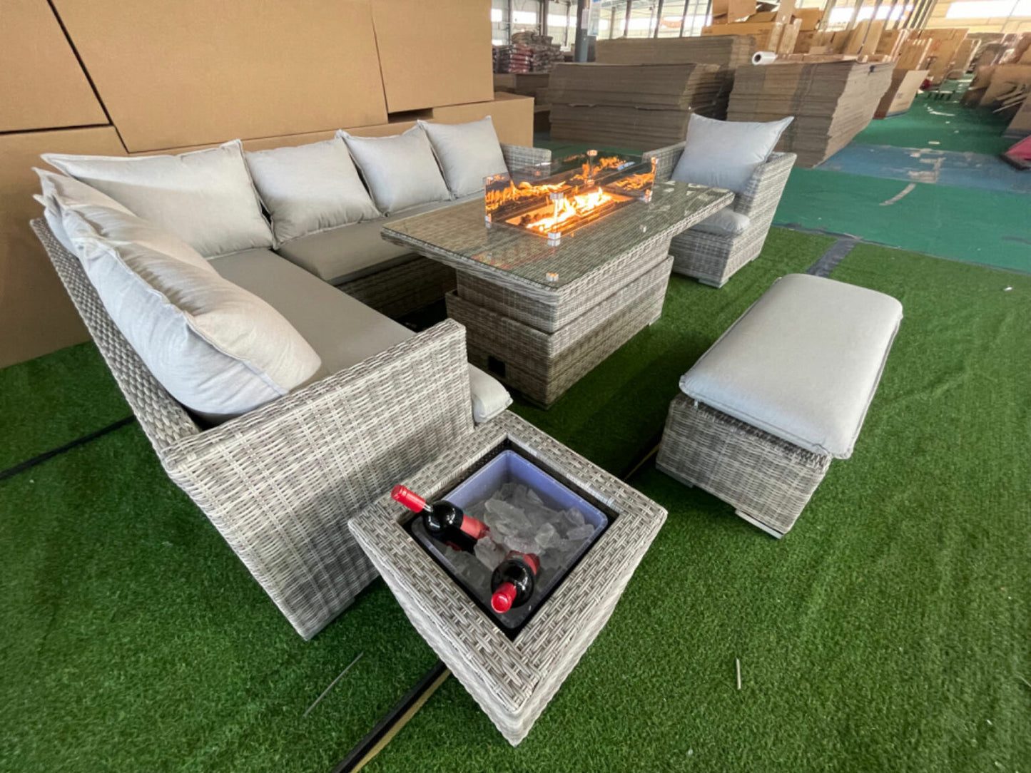 SAINT MORITZ CORNER SOFA RISING DINING TABLE SET WITH FIRE PIT