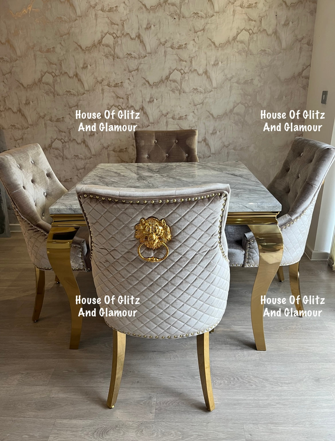 Louis 1m x 1m Grey Marble Dining Table + 4 Chelsea Champagne Velvet Lion Knocker Back Gold Leg Dining Chairs