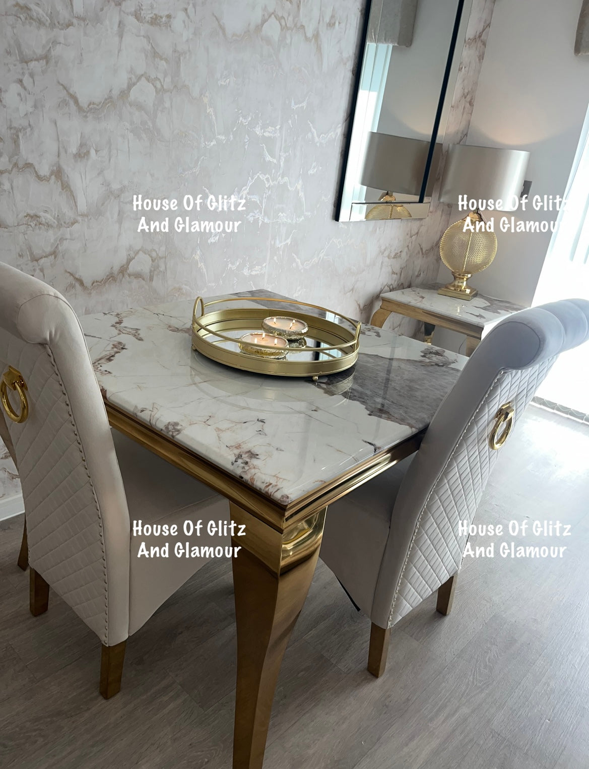 Louis Cream Dining Table With Gold Legs And Pandora Marble Top