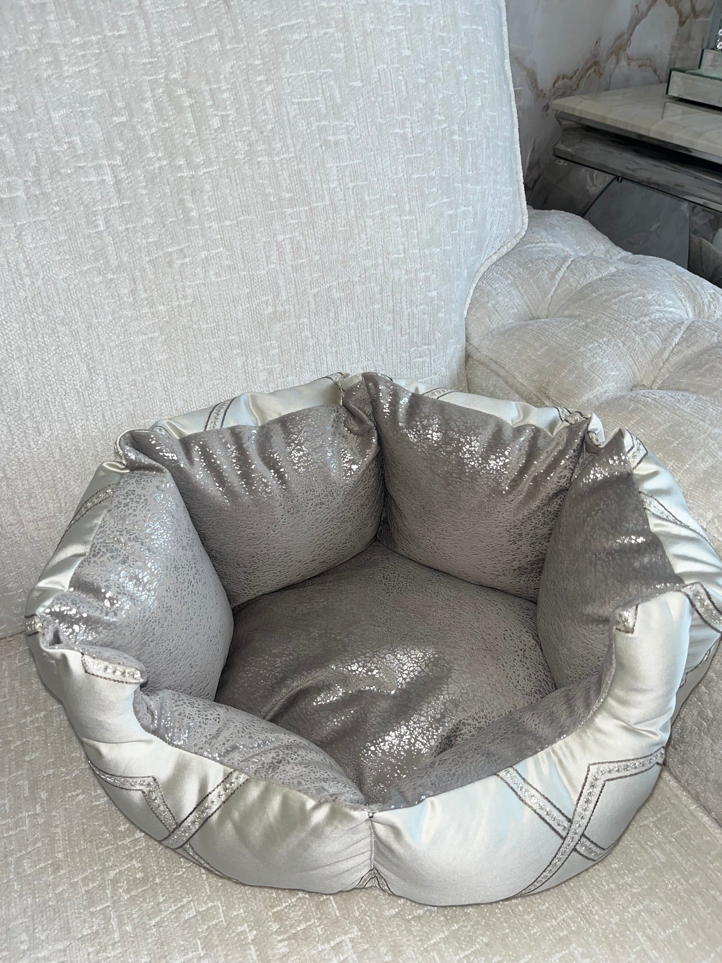 Silver & Grey Embellished Dog Bed