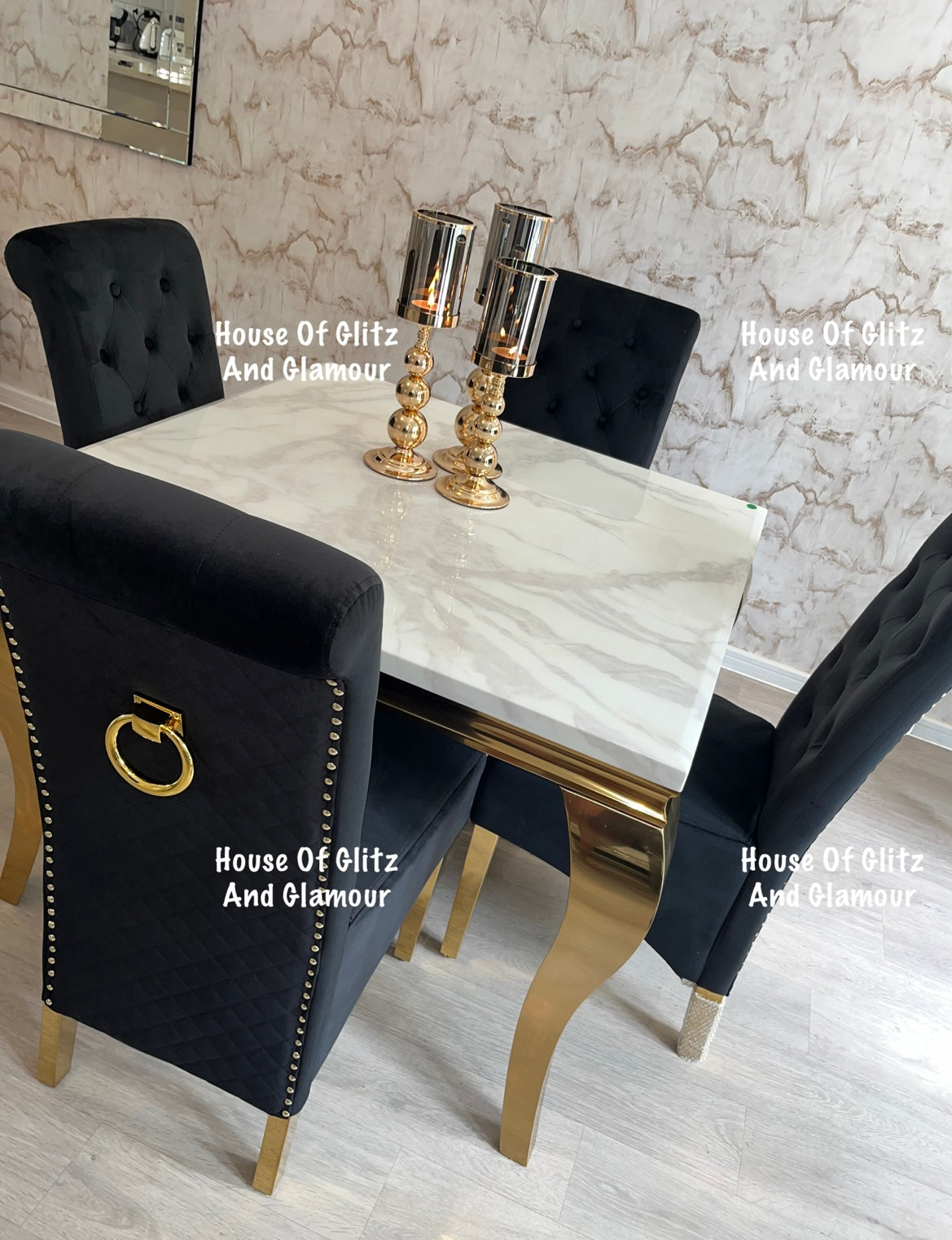 Louis White Square 1m x 1m Marble & Gold Dining Table