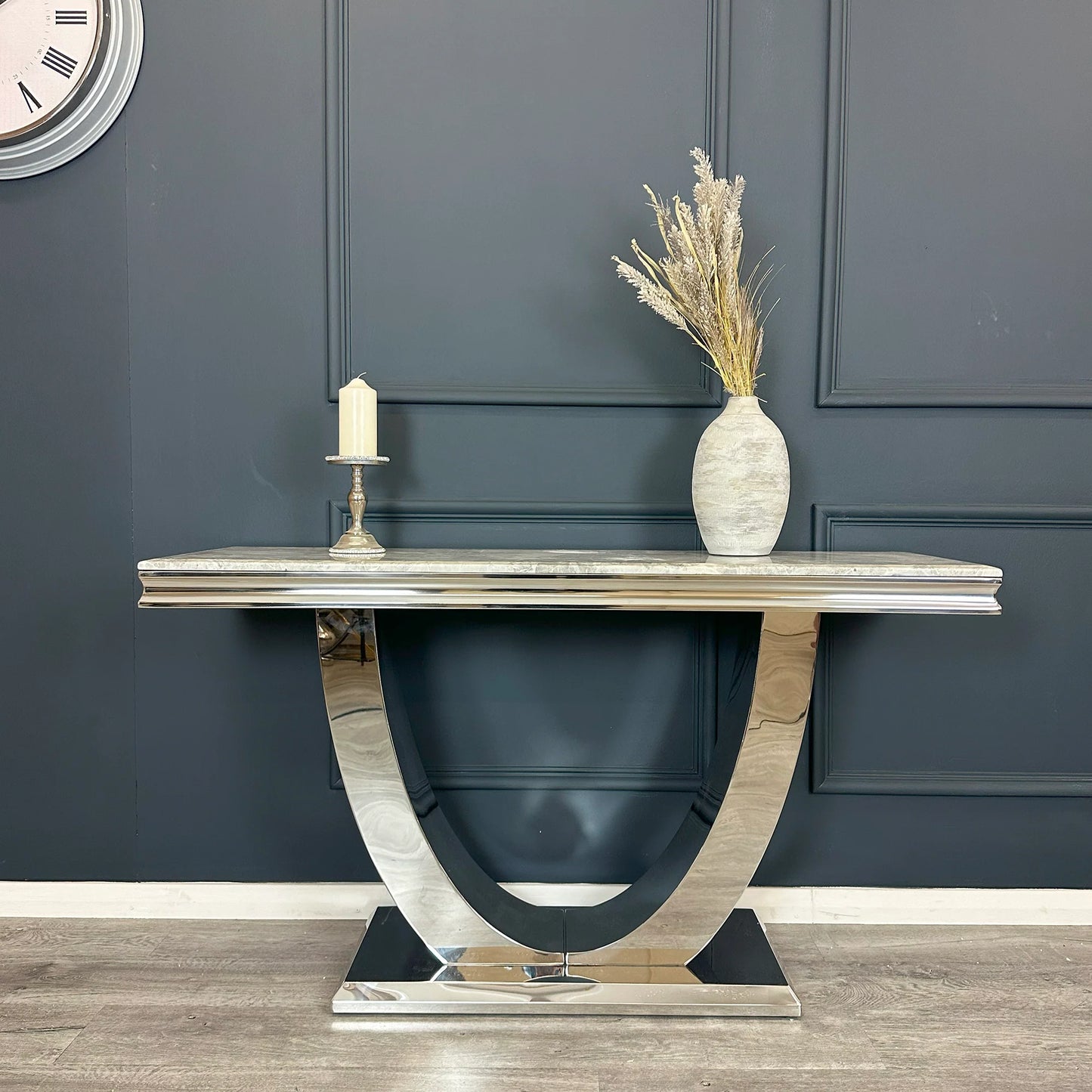 Arial White Marble & Stainless Steel Curved Base Console Table 140cm x 40cm x 75cm