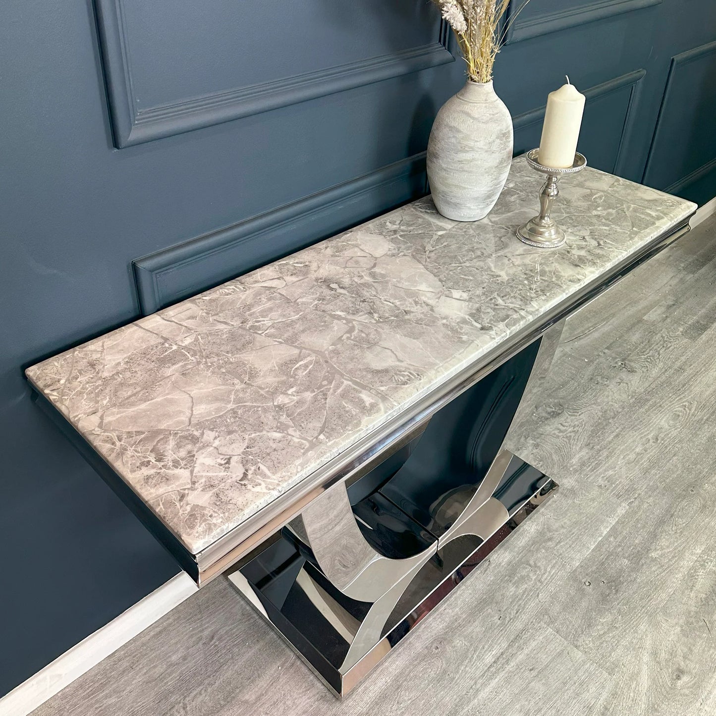 Arial White Marble & Stainless Steel Curved Base Console Table 140cm x 40cm x 75cm