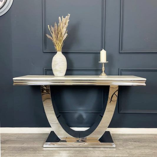 Arial White Marble & Stainless Steel Curved Base Console Table 140cm x 40cm x 75cm