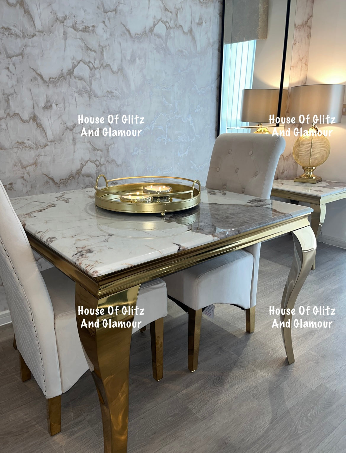 Louis Cream Dining Table With Gold Legs And Pandora Marble Top