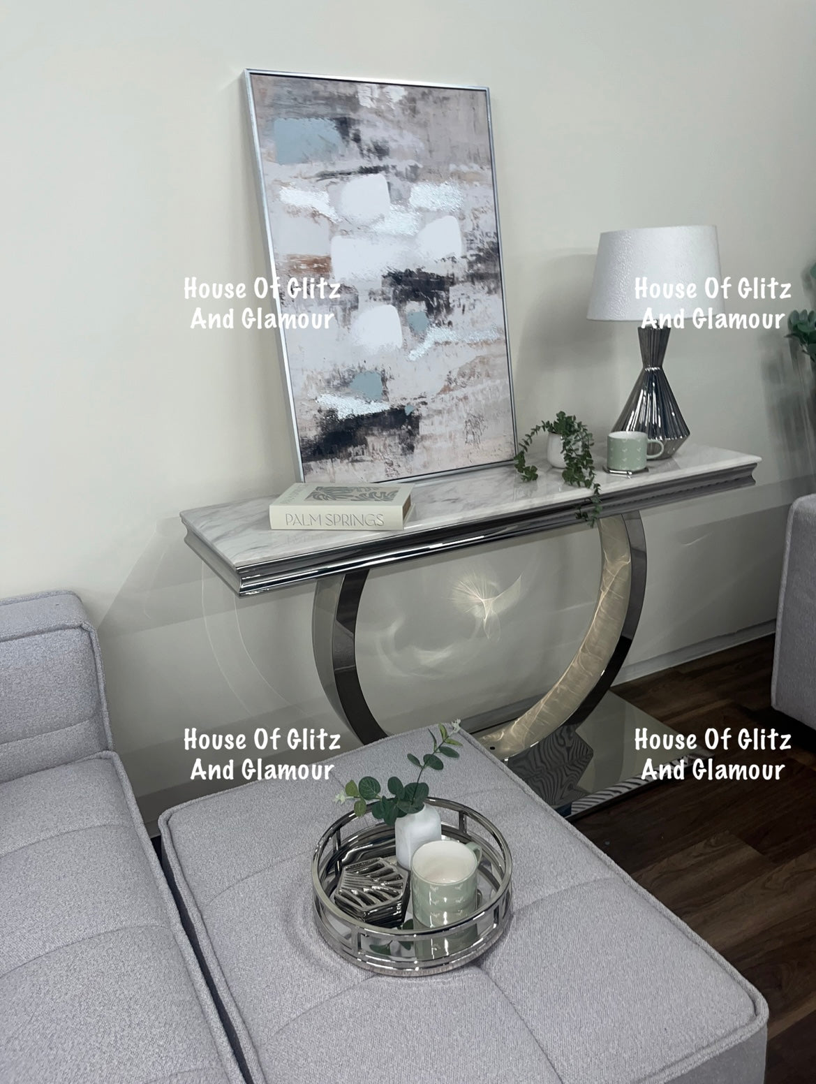 Arianna Ivory Smoke med & Grey Marble & Stainless Steel Circular Base Console Table 140cm x 40cm x 86cm