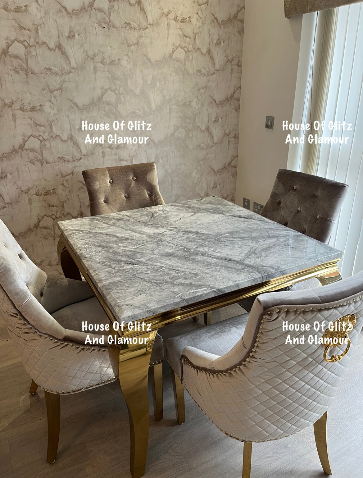 Louis 1m x 1m Grey Marble Dining Table + 4 Chelsea Champagne Velvet Lion Knocker Back Gold Leg Dining Chairs