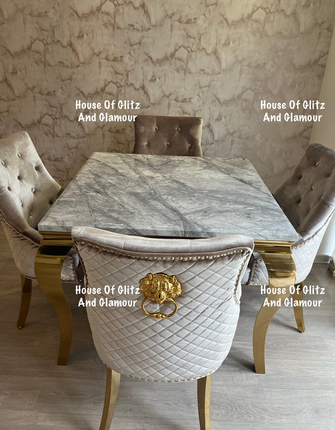 Louis 1m x 1m Grey Marble Dining Table + 4 Chelsea Champagne Velvet Lion Knocker Back Gold Leg Dining Chairs