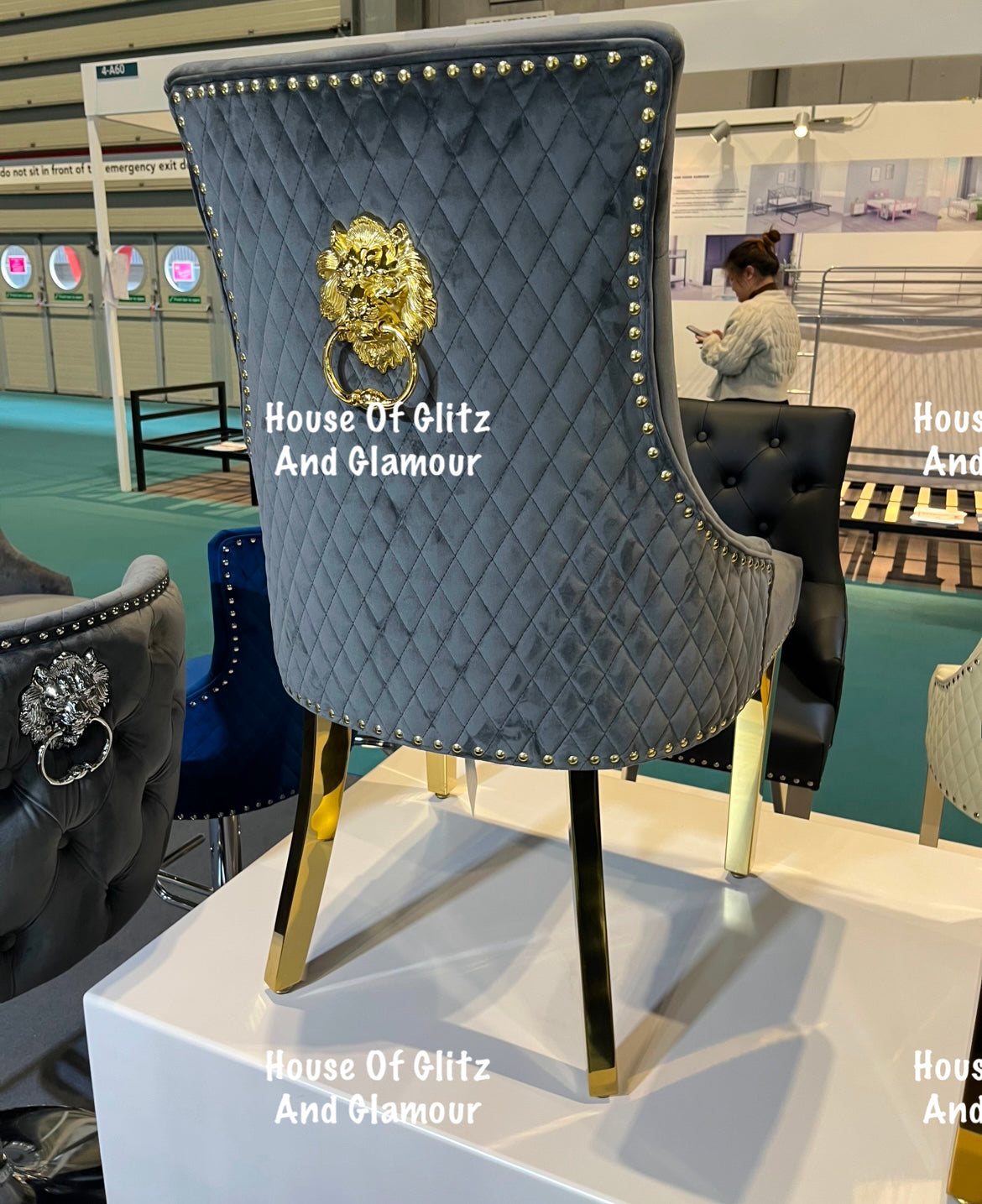 Chelsea Grey Dining Chair With Lion Head Knocker Back Gold Legs Dining Chair