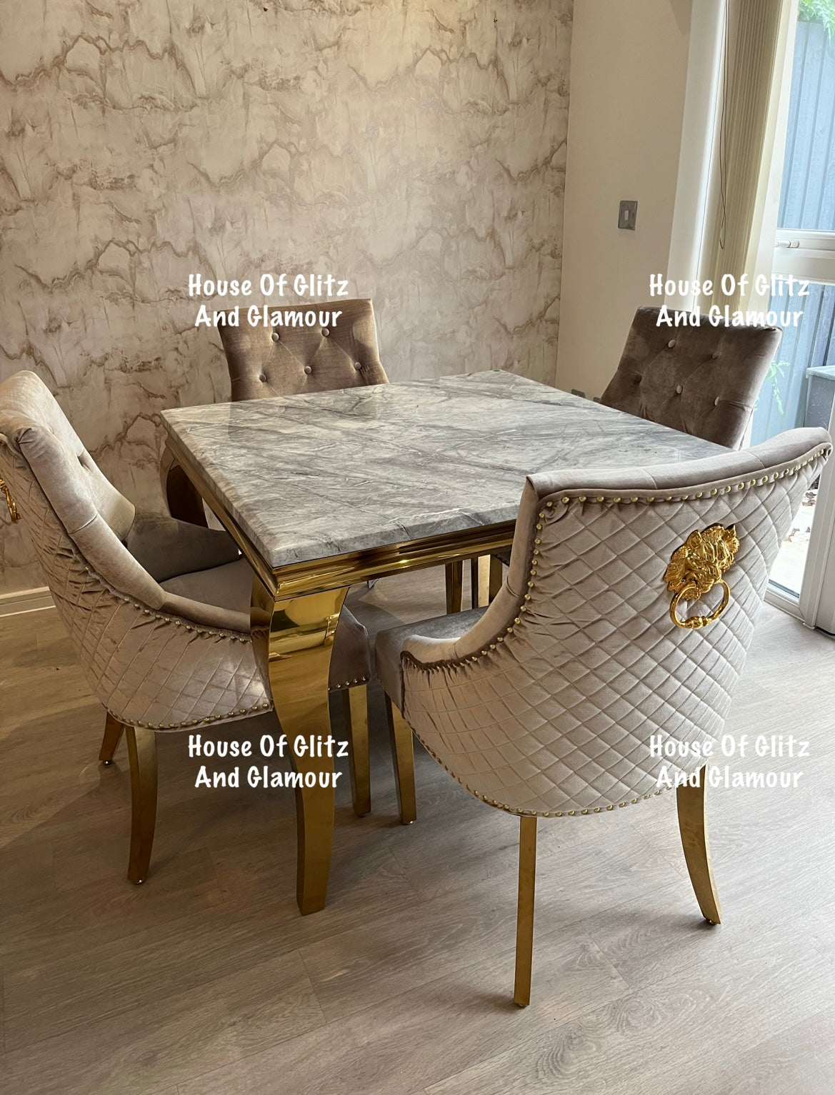 Louis 1m x 1m Grey Marble Dining Table + 4 Chelsea Champagne Velvet Lion Knocker Back Gold Leg Dining Chairs