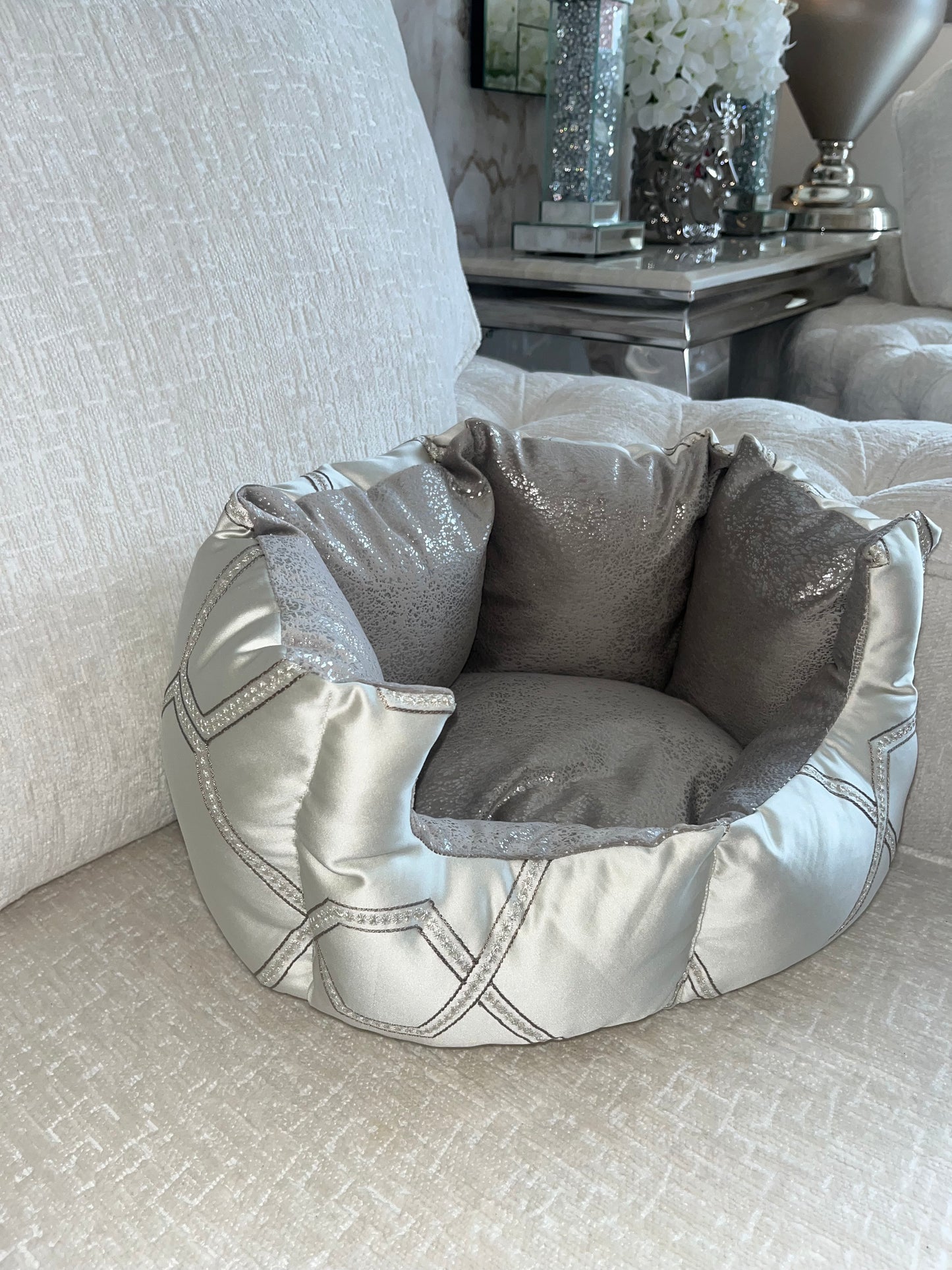 Silver & Grey Embellished Dog Bed