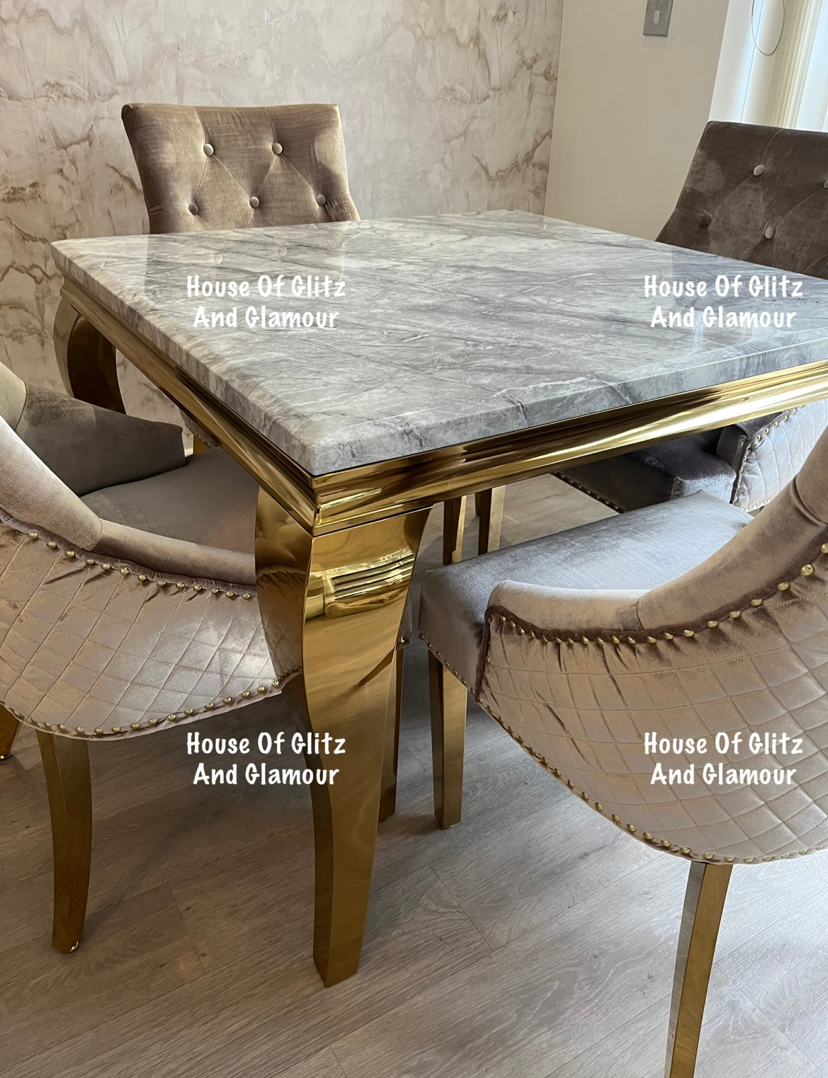 Louis 1m x 1m Grey Marble Dining Table + 4 Chelsea Champagne Velvet Lion Knocker Back Gold Leg Dining Chairs