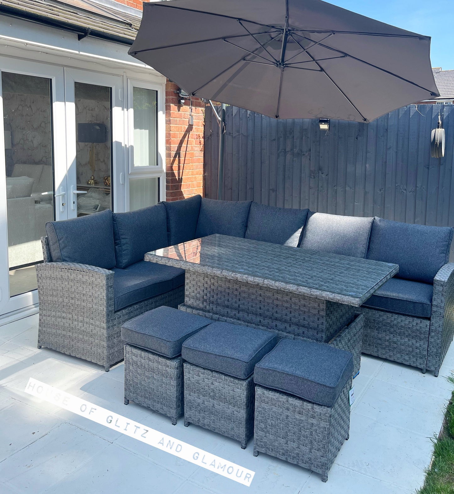 Mayfair Rattan Garden Set With Corner Sofa, Rising Coffee To Dining Table & 3 Stools