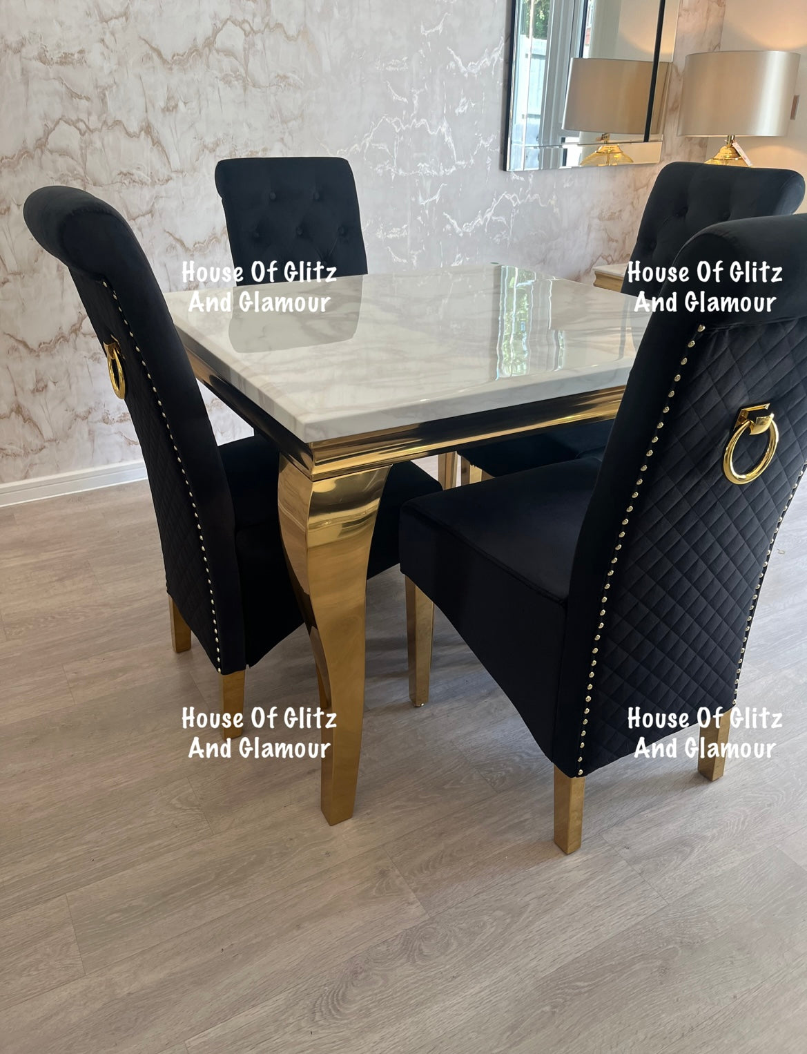 Louis White Square 1m x 1m Marble & Gold Dining Table