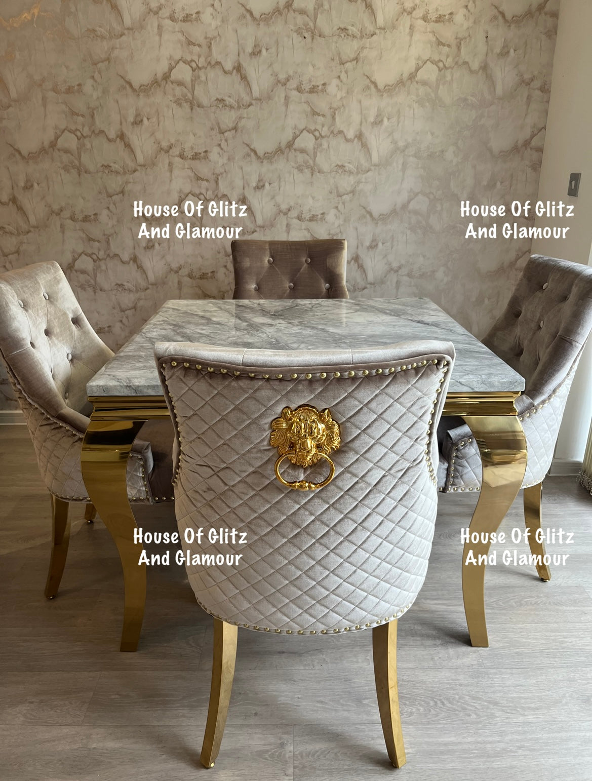 Louis 1m x 1m Grey Marble Dining Table + 4 Chelsea Champagne Velvet Lion Knocker Back Gold Leg Dining Chairs