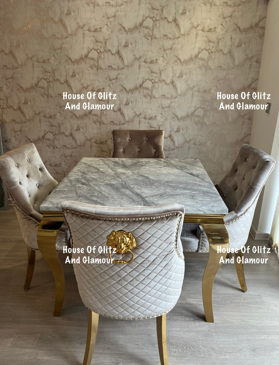 Louis 1m x 1m Grey Marble Dining Table + 4 Chelsea Champagne Velvet Lion Knocker Back Gold Leg Dining Chairs