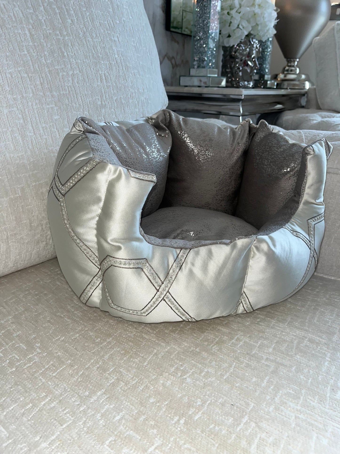 Silver & Grey Embellished Dog Bed