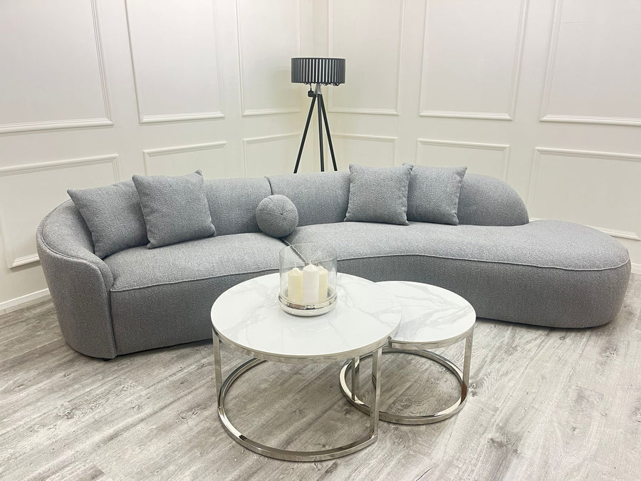 Nest of 2 Short Silver End Tables with Ice White Sintered Stone Tops