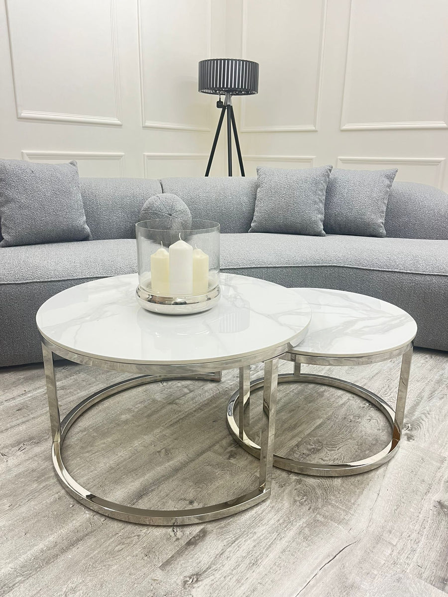 Nest of 2 Short Silver End Tables with Ice White Sintered Stone Tops