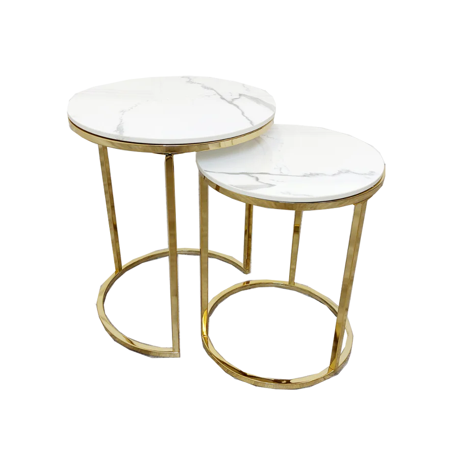 Nest of 2 Tall Gold End Tables with Ice White Sintered Stone Tops